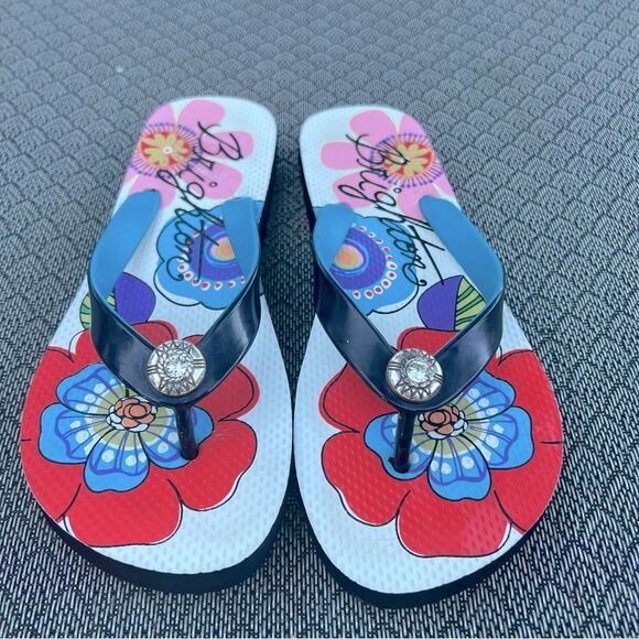 Brighton “Burst” Floral Print Navy Flip Flops Sz 6 - Picture 3 of 11